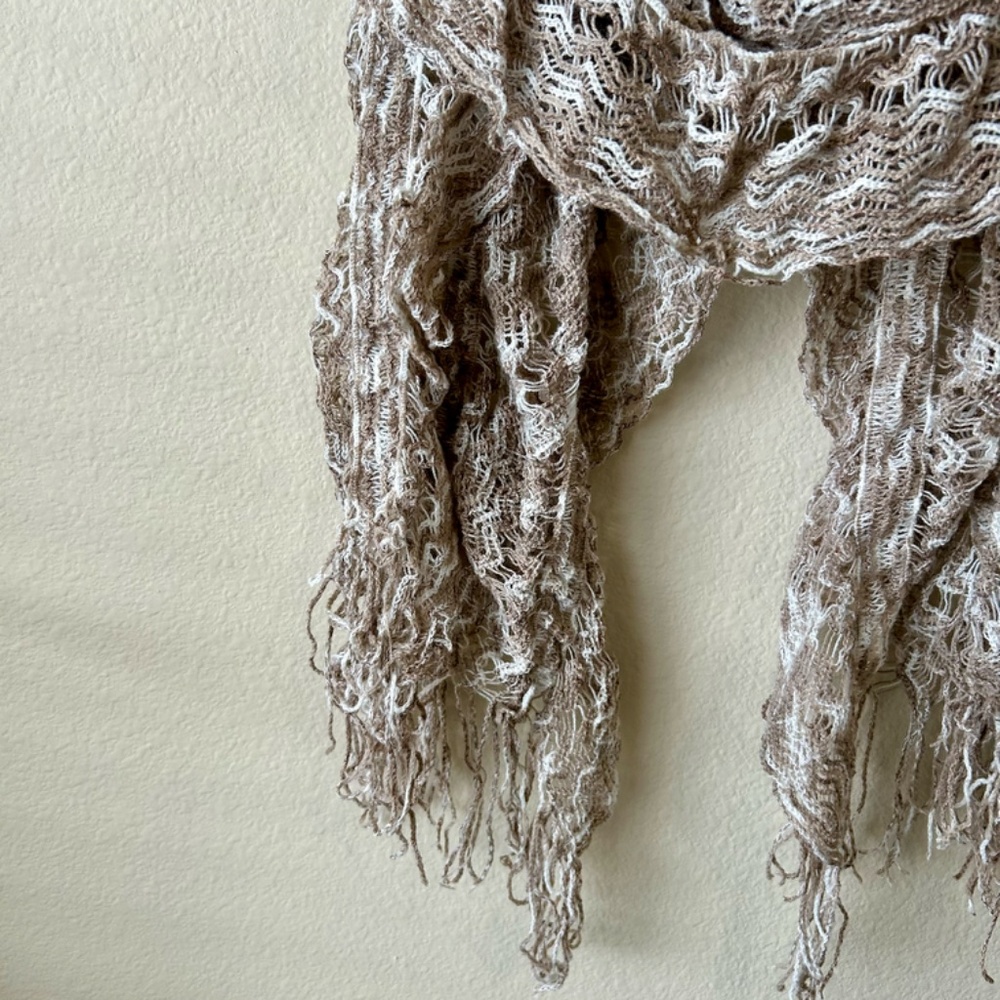 Cream and Tan Scarf Crochet Looseweave Fringe Soft 18" wide x 80" long - Picture 9 of 16